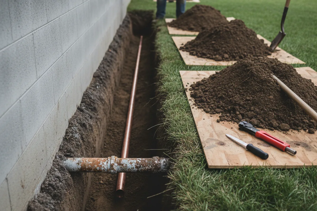 Excavated water line trench during Water Softener Installation in Hamburg